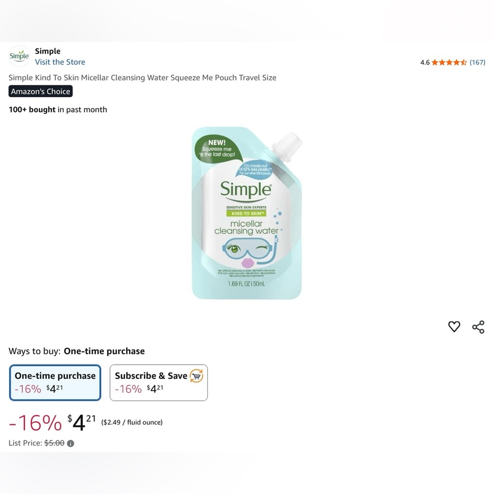 NWT Simple Micellar Cleansing Water Sensitive Skin - Picture 2 of 3